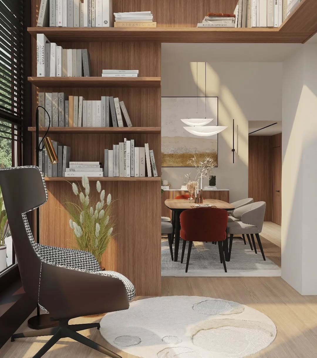 16. Contemporary Reading Nook and Dining Space in Walnut and Soft Beige - living room and kitchen ideas