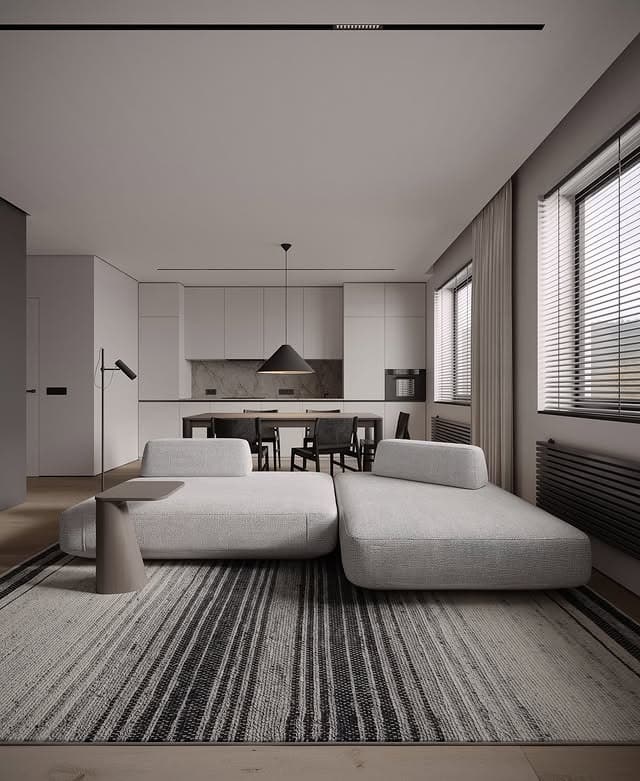 17. Minimalist Living Room and Kitchen in Soft Gray and Matte Black - living room and kitchen ideas