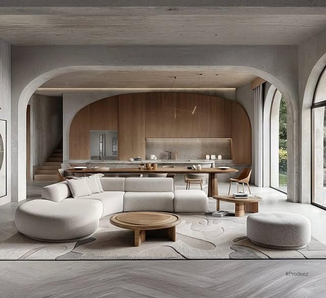 18. Architectural Open Living Space in Stone, Light Wood, and Cream - living room and kitchen ideas