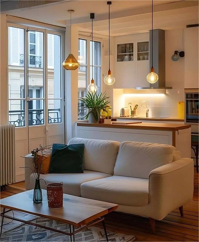 20. Urban Apartment Living and Kitchen in White, Brass, and Natural Wood - living room and kitchen ideas