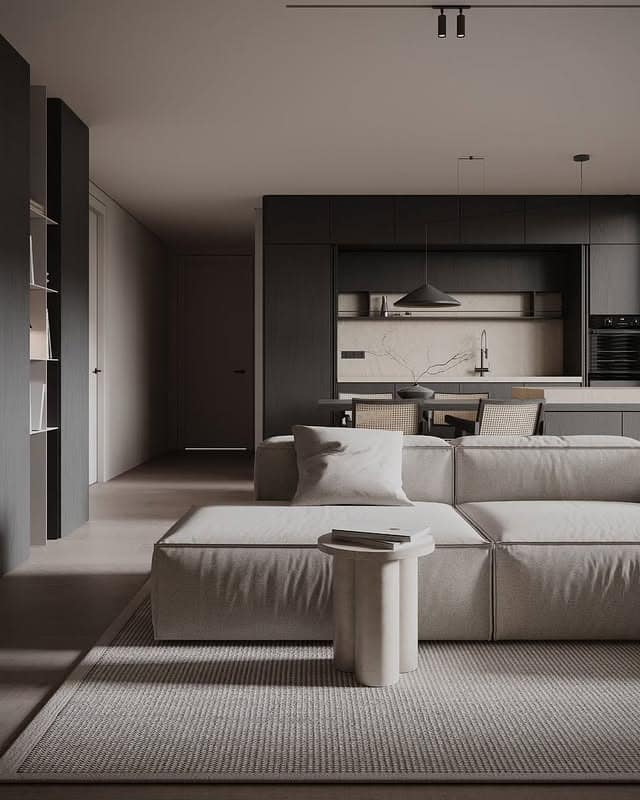 21. Modern Minimal Living Room and Kitchen in Soft Gray, Black, and Warm Neutrals - living room and kitchen ideas