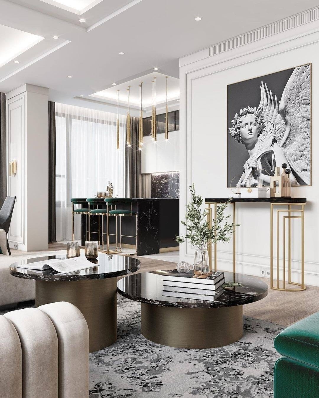 22. Elegant Contemporary Living and Kitchen in White, Black Marble, and Gold Accents - living room and kitchen ideas