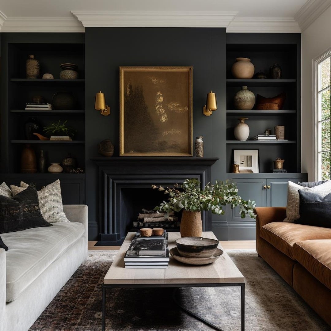 7. Deep Blue Built-In Accent Wall with Fireplace - accent wall ideas for living room