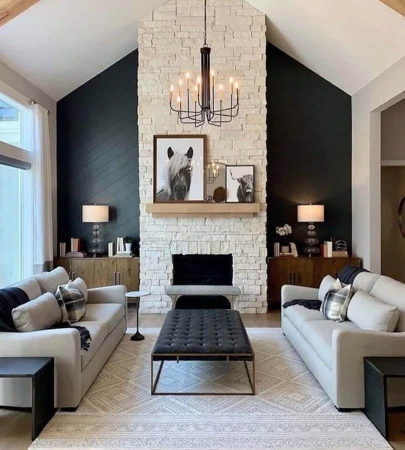 11. Dramatic Charcoal Accent Wall with Stone Fireplace - accent wall ideas for living room