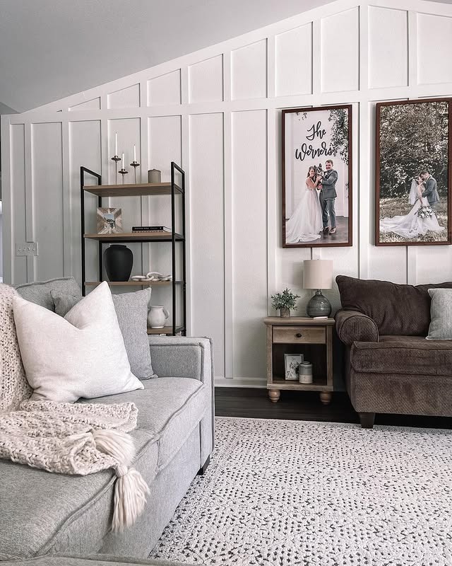 14. Classic White Board-and-Batten Accent Wall - accent wall ideas for living room