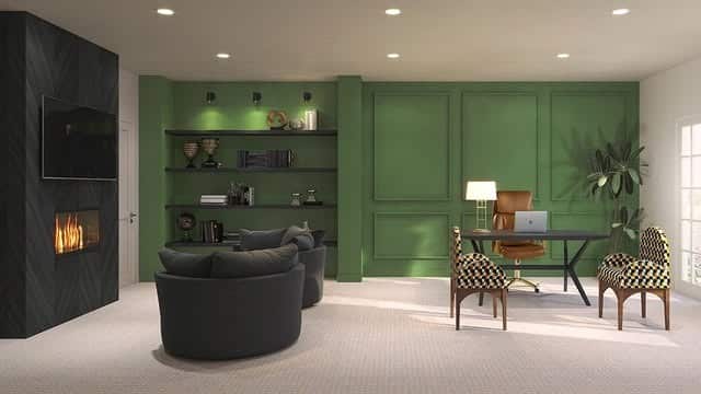 15. Deep Green Paneled Accent Wall with Built-In Storage - accent wall ideas for living room