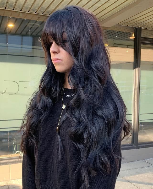 6. Soft Wave Long Layers with Curtain Bangs in Deep Espresso - Long Layered Hairstyles with Bangs