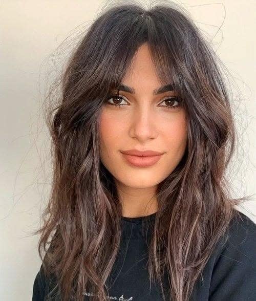 8. Tousled Long Layers with Bottleneck Bangs in Smoky Dark Brown - Long Layered Hairstyles with Bangs