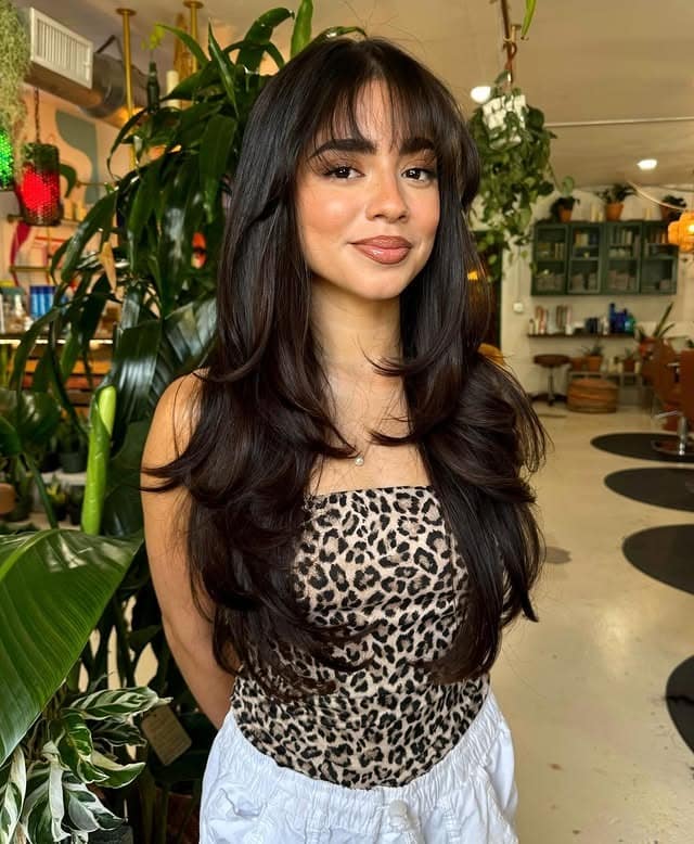 13. Flowing Long Layers with Full Bangs in Soft Black - Long Layered Hairstyles with Bangs