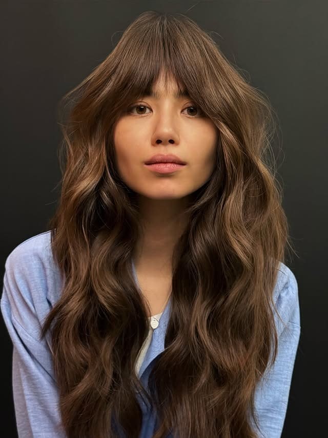 18. Long Airy Layers with Curtain Bangs in Medium Warm Brown - Long Layered Hairstyles with Bangs