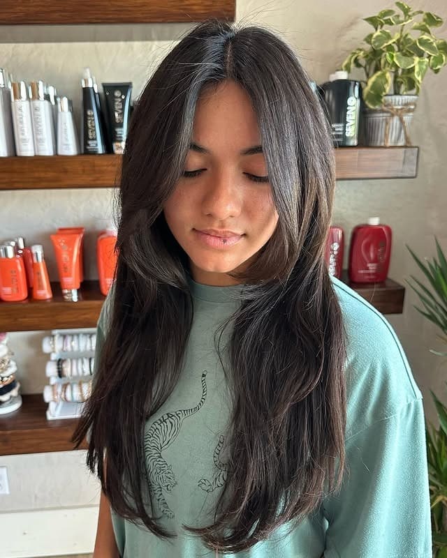 19. Long Layered Waves with Bottleneck Bangs in Mocha Brown - Long Layered Hairstyles with Bangs