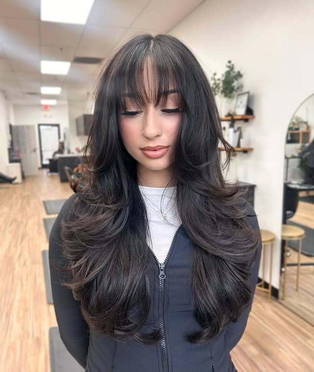 21. Long Feathered Layers with Full Bangs in Soft Charcoal Brown - Long Layered Hairstyles with Bangs