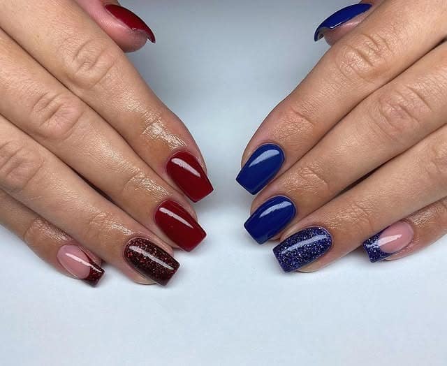 7. Modern Split-Color Nails in Red and Blue - red and blue nail ideas