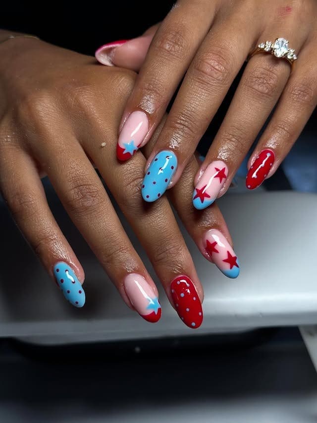 8. Playful Star Pattern Nails in Red and Blue - red and blue nail ideas