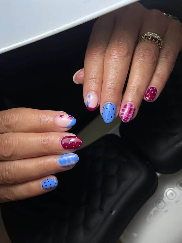 12. Playful Mixed Pattern Nails in Red and Blue - red and blue nail ideas