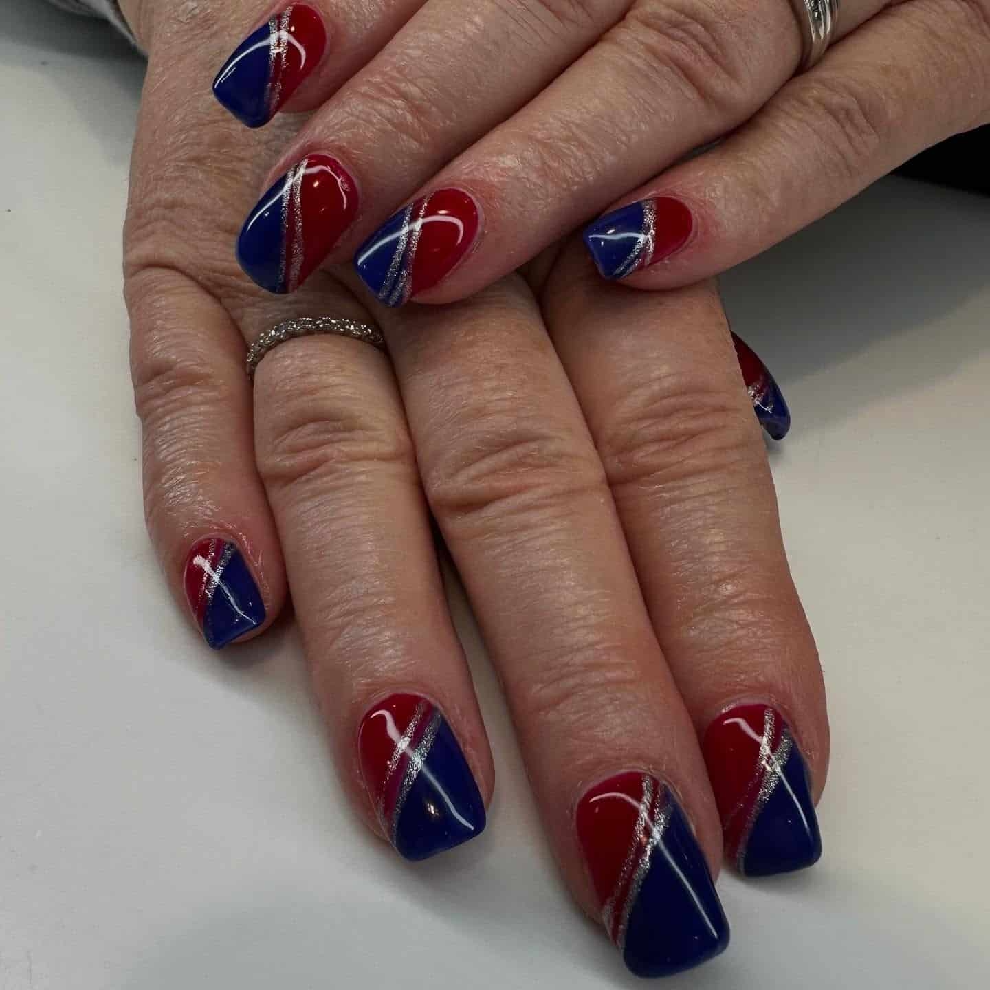 13. Diagonal Color Block Nails in Red and Blue - red and blue nail ideas