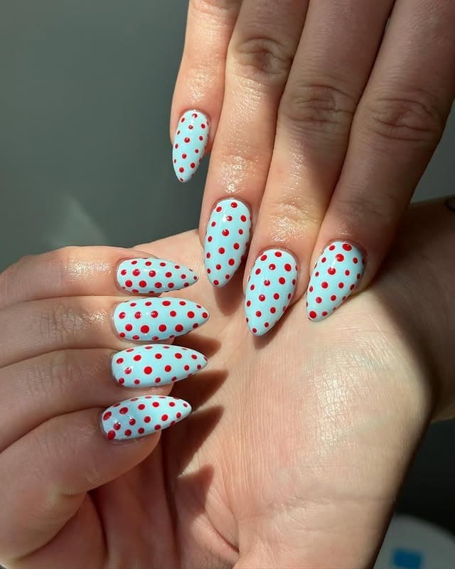 14. Polka Dot Almond Nails in Red and Blue - red and blue nail ideas