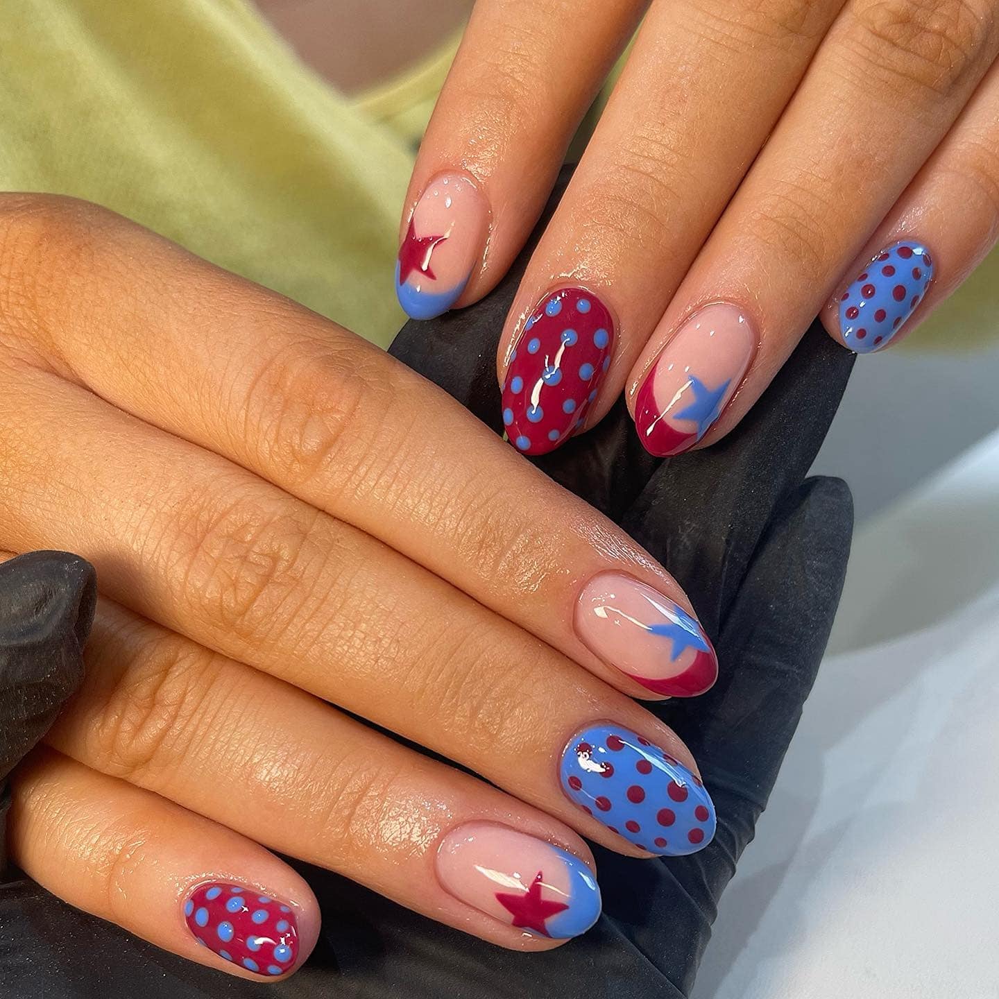 15. Star and Dot Accent Nails in Red and Blue - red and blue nail ideas