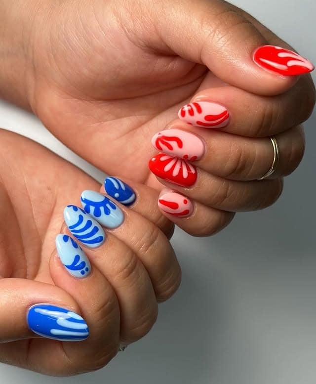 16. Abstract Brushstroke Nails in Red and Blue - red and blue nail ideas