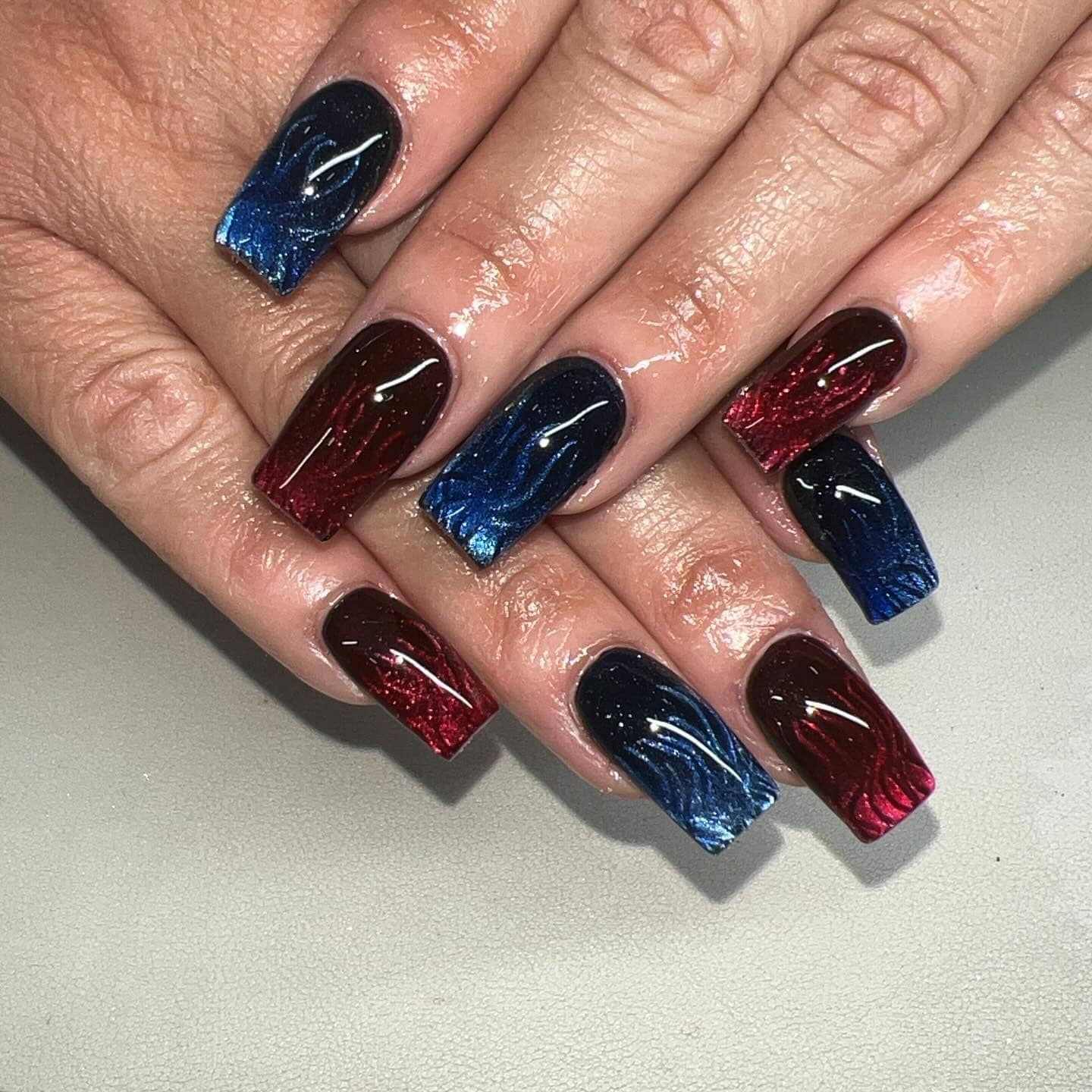 17. Metallic Shimmer Nails in Red and Blue - red and blue nail ideas