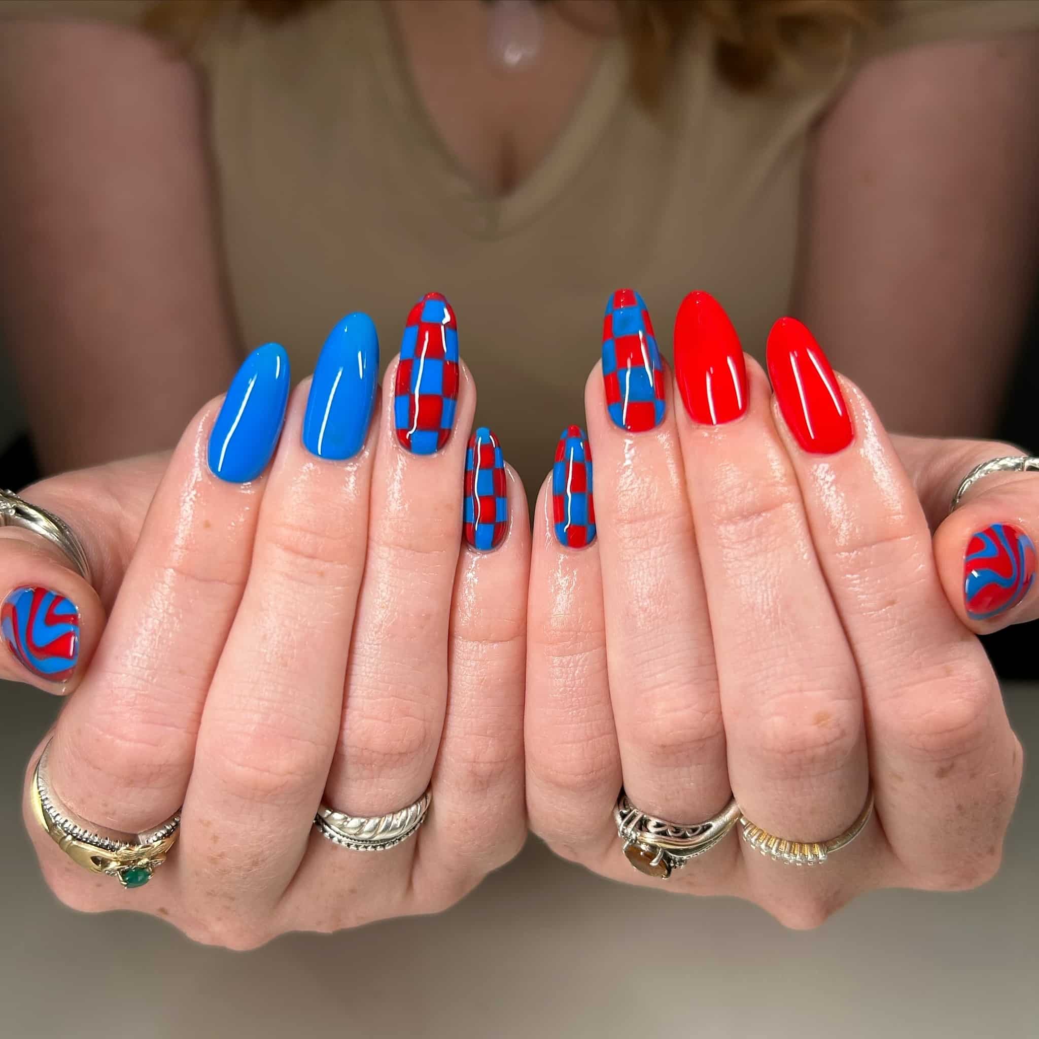 21. Checkerboard Accent Nails in Red and Blue - red and blue nail ideas