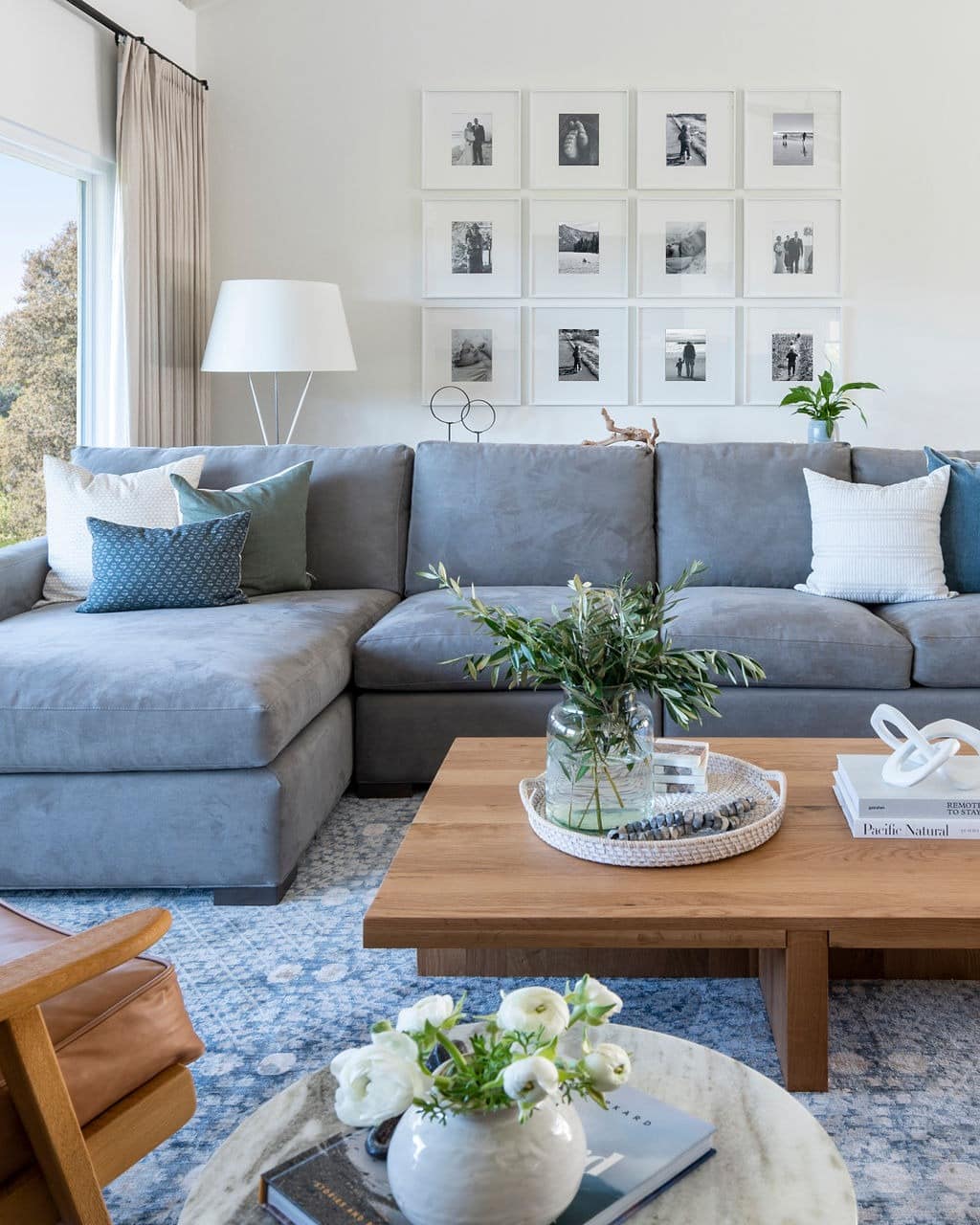 2. Structured Grid Gallery in Cool Gray and White - gallery wall living room ideas