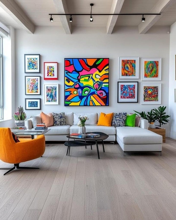 4. Bold Art Statement Wall with Primary Accents - gallery wall living room ideas