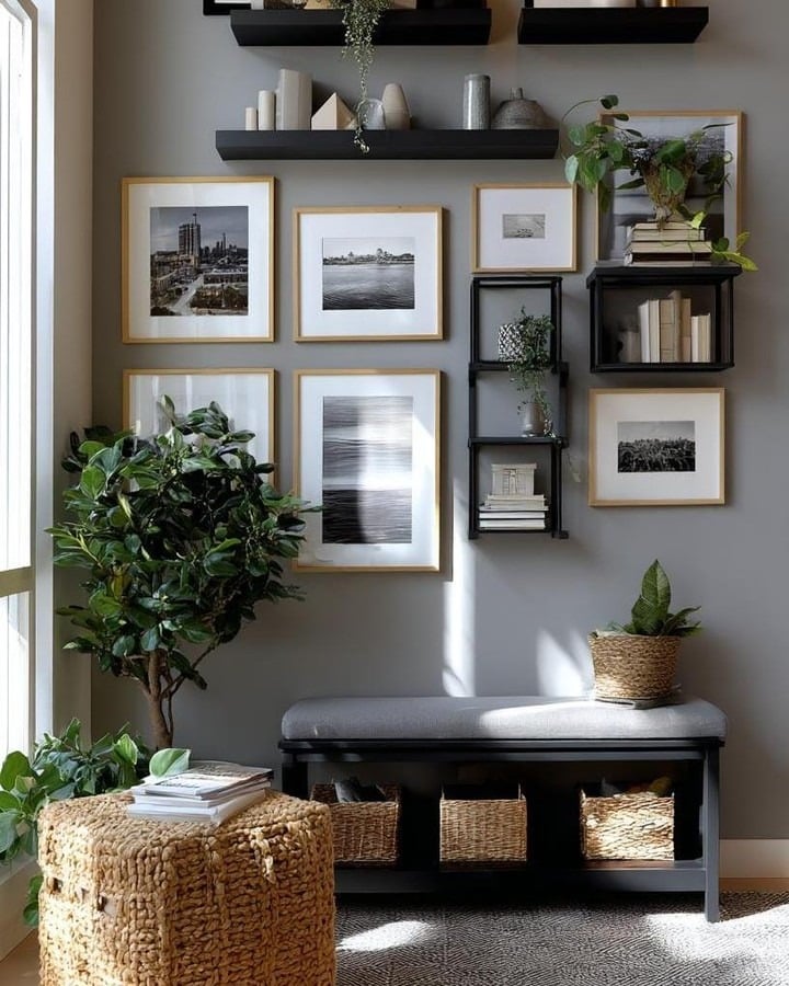 7. Modern Shelf-Integrated Gallery Wall in Gray and Black - gallery wall living room ideas