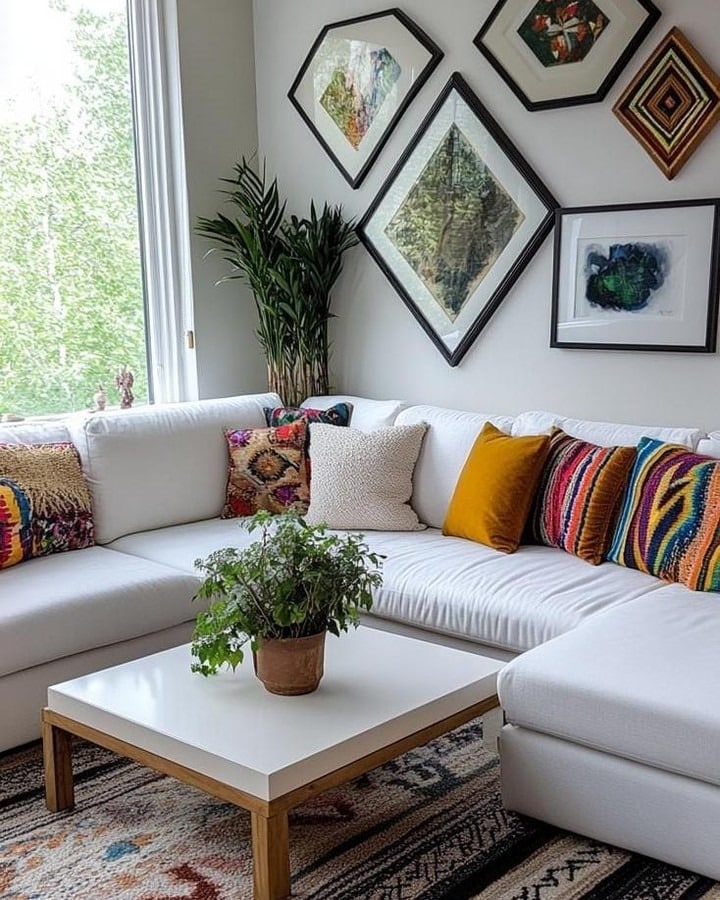 8. Relaxed Gallery Wall with Global Pattern Influence - gallery wall living room ideas