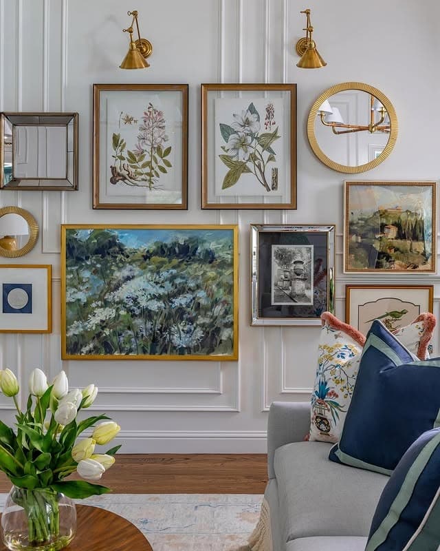 15. Refined Classic Gallery Wall with Gold and Soft Gray - gallery wall living room ideas