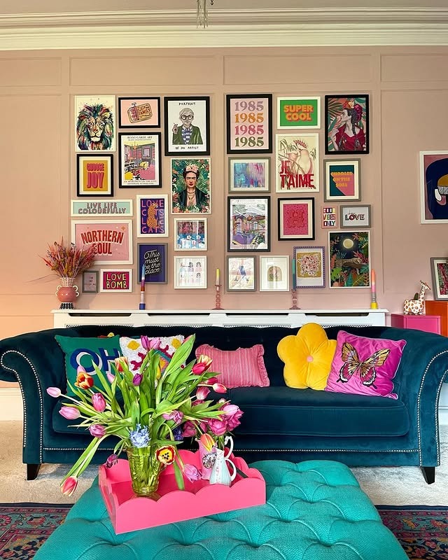 18. Colorful Graphic Gallery Wall with Maximalist Energy - gallery wall living room ideas