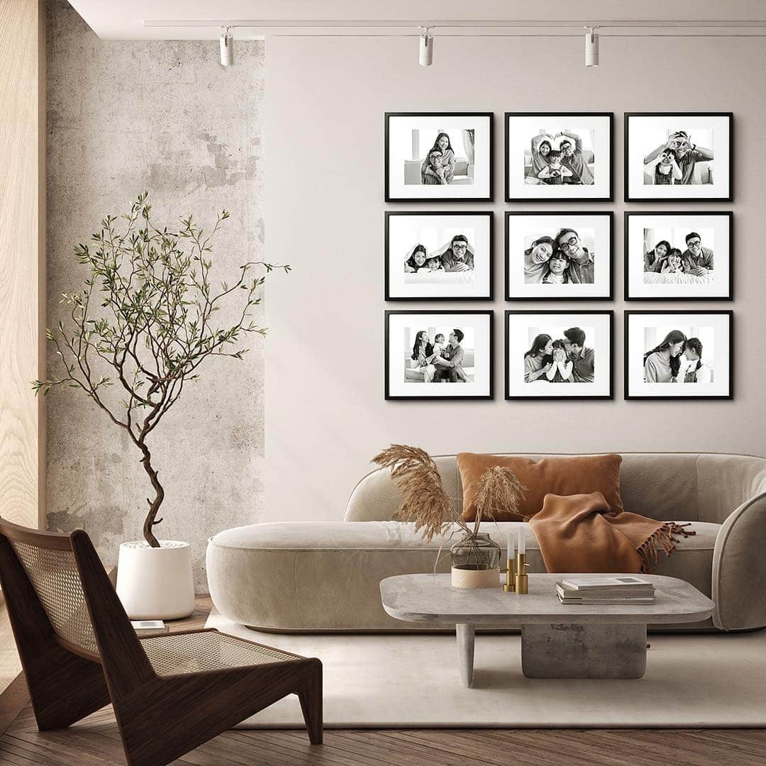19. Minimal Family Photo Gallery Wall in Neutral Tones - gallery wall living room ideas
