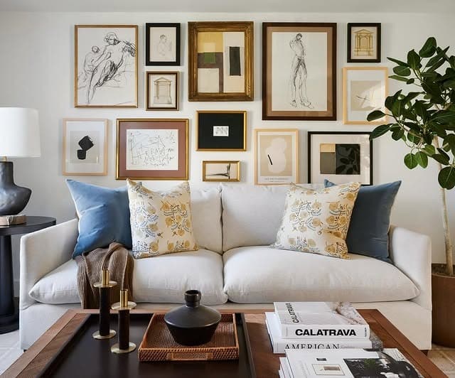 21. Refined Mixed-Media Gallery Wall in Soft Neutrals and Gold - gallery wall living room ideas
