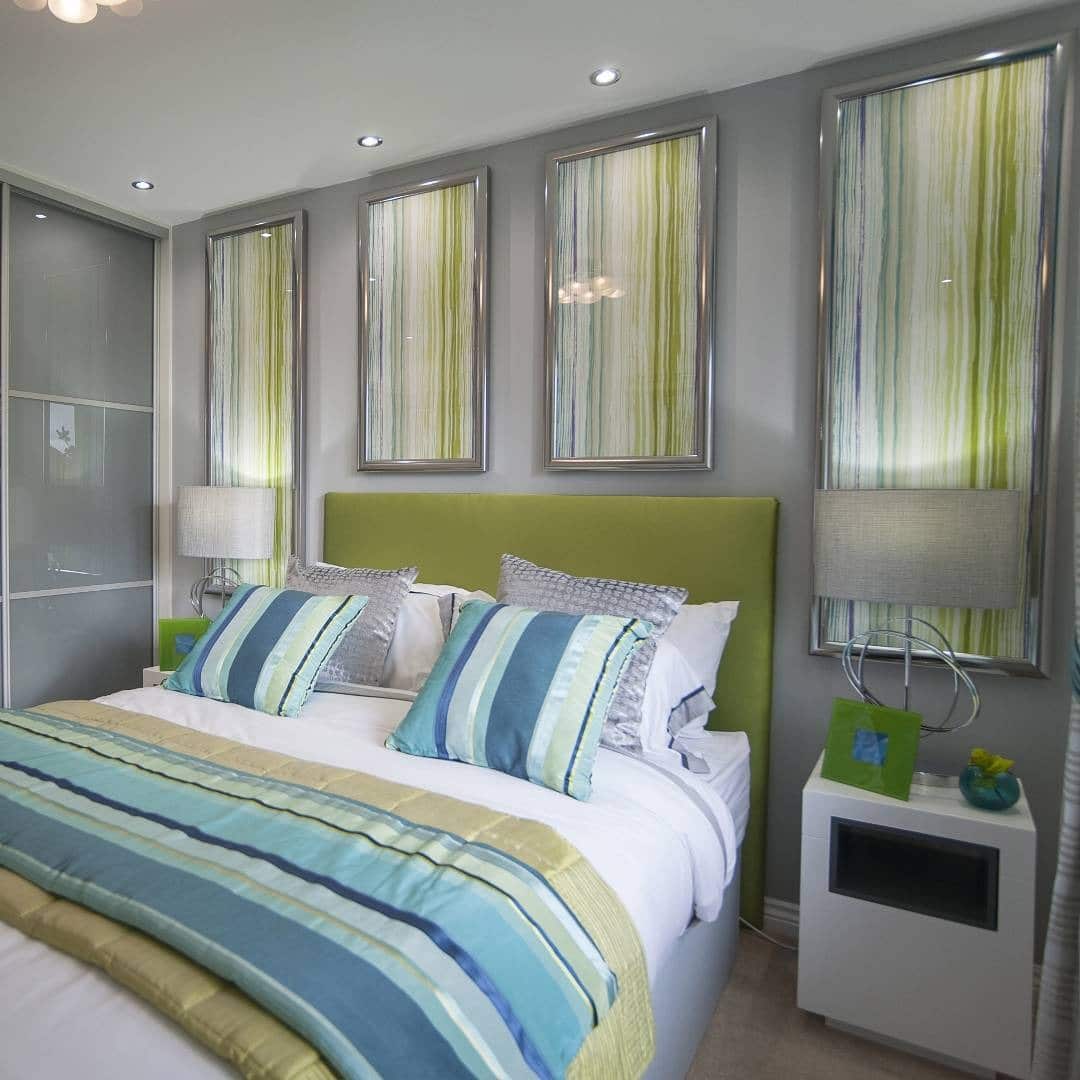 5. Modern Gray Bedroom with Blue and Green Accents - blue and green bedroom ideas