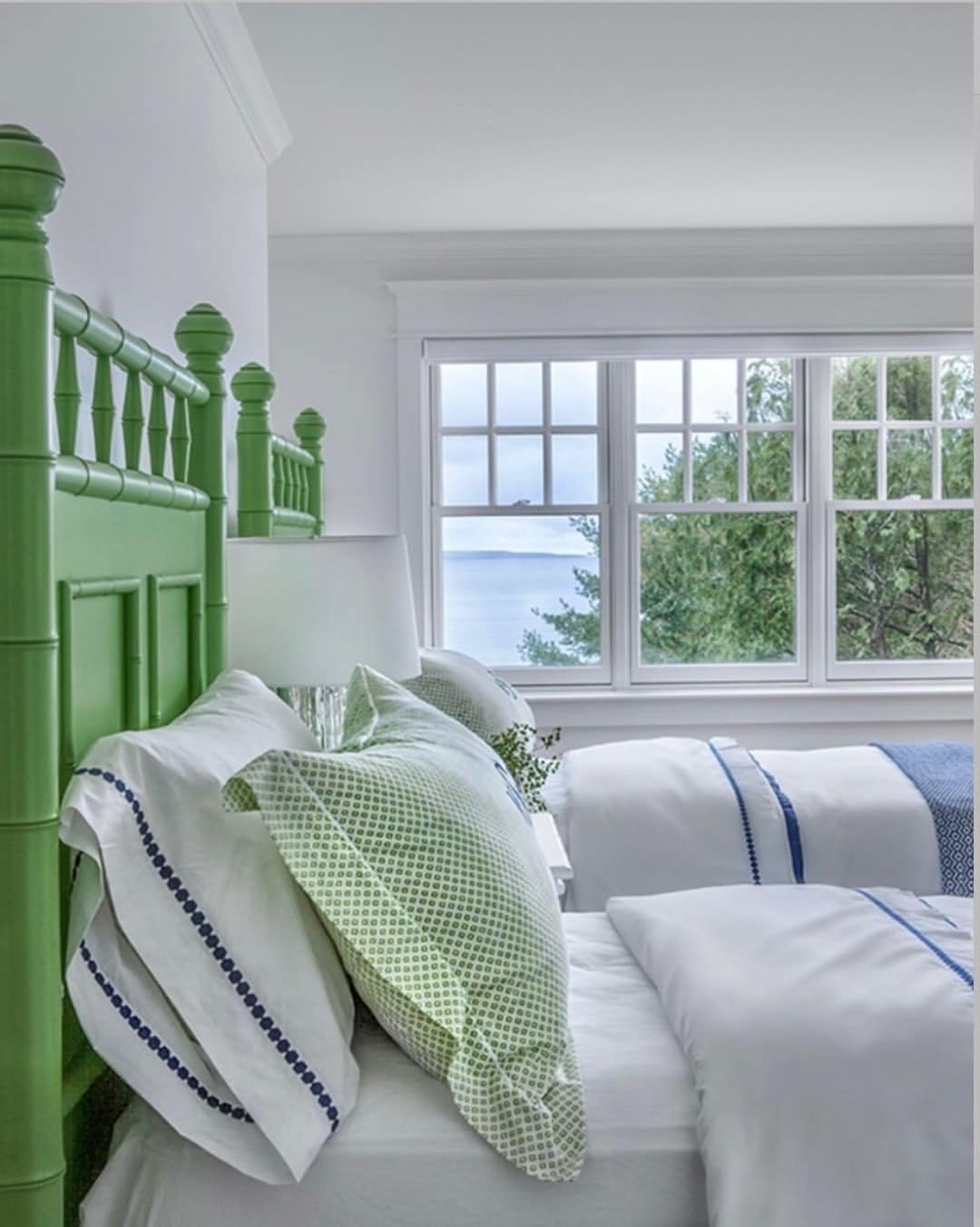 6. Coastal Blue and Green Headboard Statement - blue and green bedroom ideas