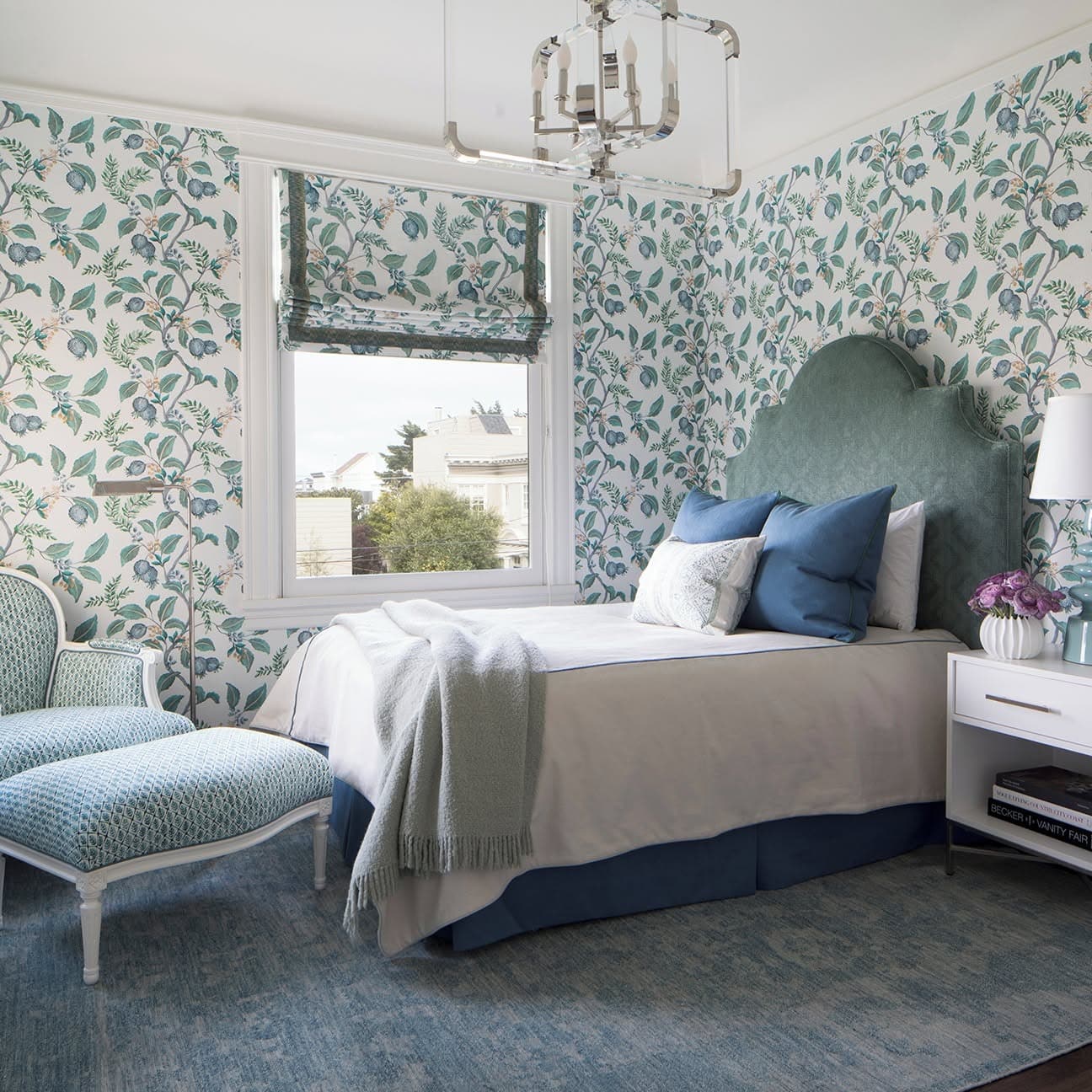 8. Blue Floral Wallpaper with Green Upholstered Bed - blue and green bedroom ideas