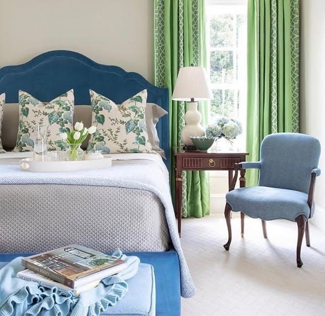 11. Blue Upholstered Bed with Fresh Green Drapery - blue and green bedroom ideas