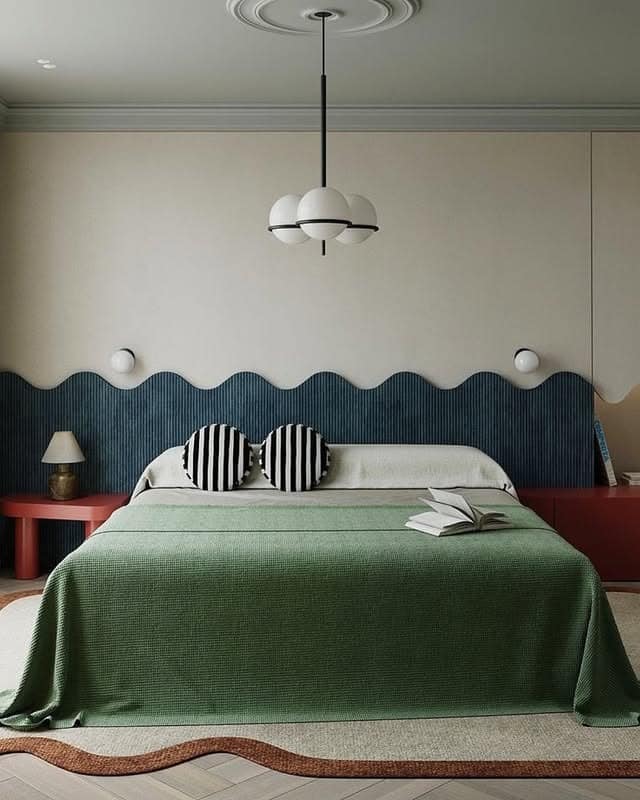 12. Modern Blue Headboard with Green Bed Cover - blue and green bedroom ideas