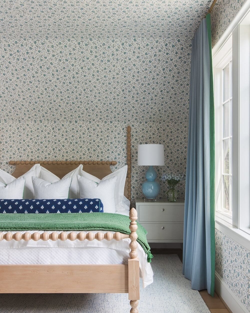 17. Botanical Wallpaper with Blue and Green Bedding - blue and green bedroom ideas