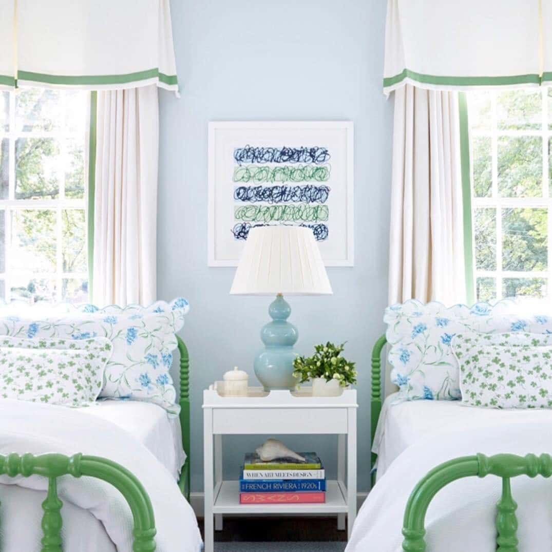 20. Twin Bedroom with Blue Walls and Green Bed Frames - blue and green bedroom ideas