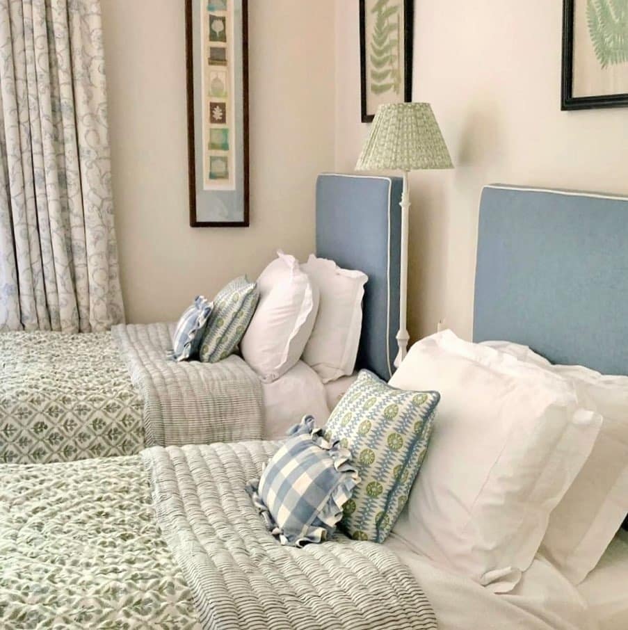 21. Soft Blue Twin Beds with Layered Green Patterns - blue and green bedroom ideas