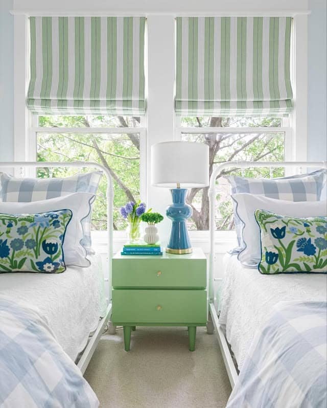 22. Bright Twin Bedroom with Green Nightstand and Blue Accents - blue and green bedroom ideas