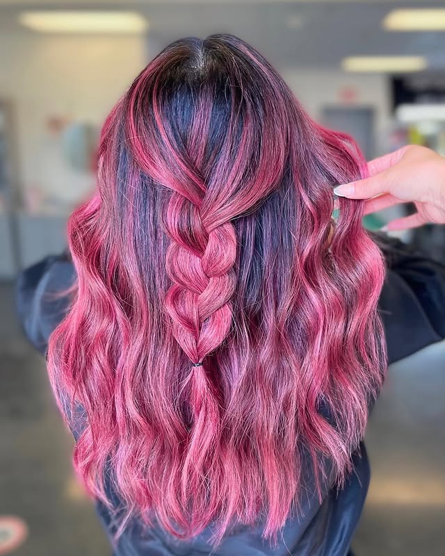 14. Braided Crown with Rosy Magenta Lengths - Magenta Hair Color