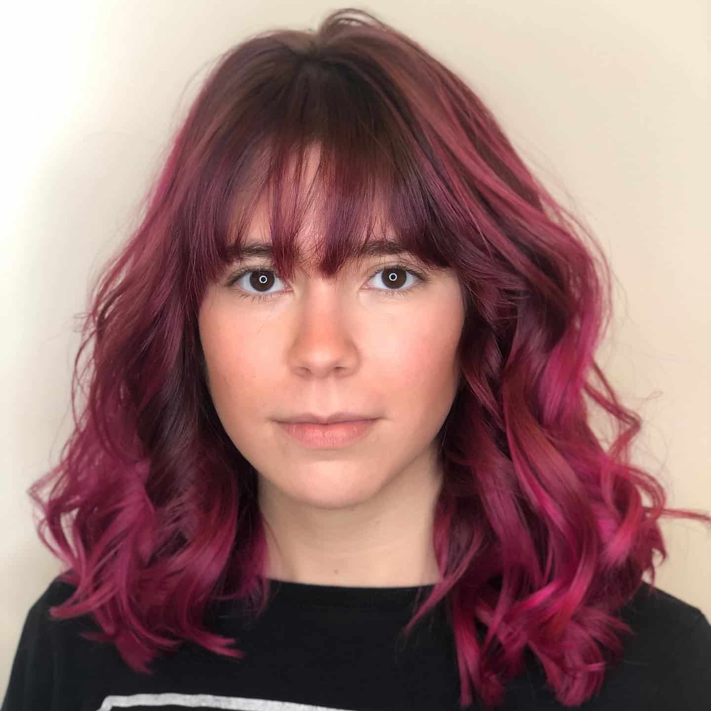 19. Soft Fringe Magenta Lob with Loose Curl - Magenta Hair Color