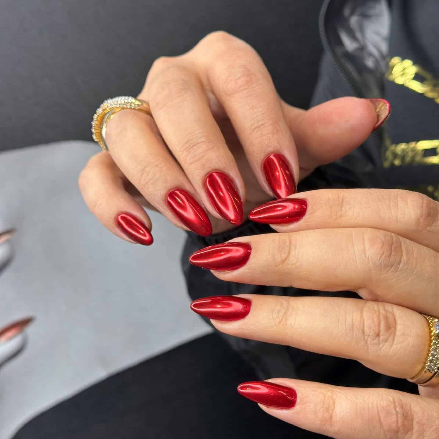 2. Classic Red Chrome Almond Nails - red chrome nail ideas