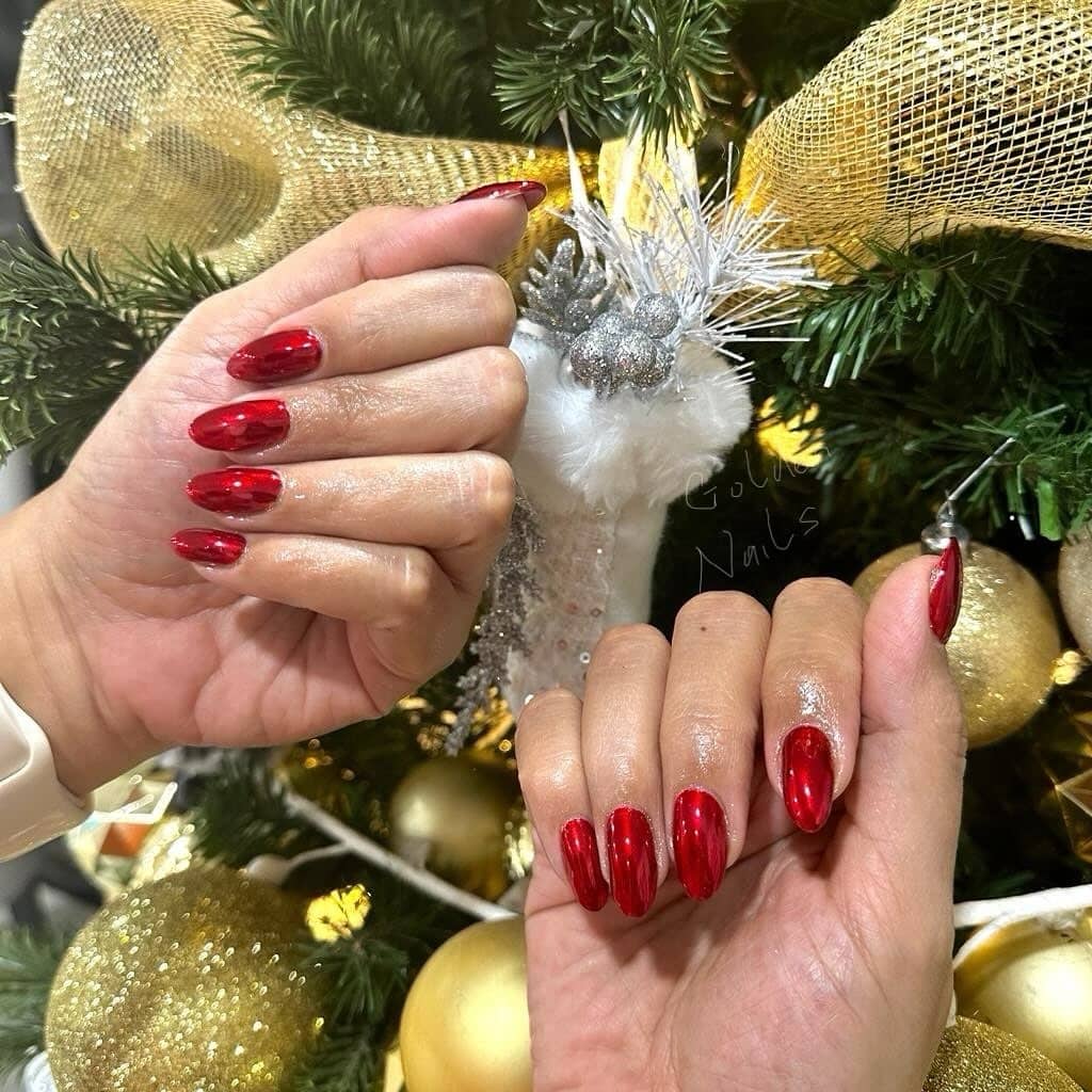 6. Festive Red Chrome Oval Nails - red chrome nail ideas