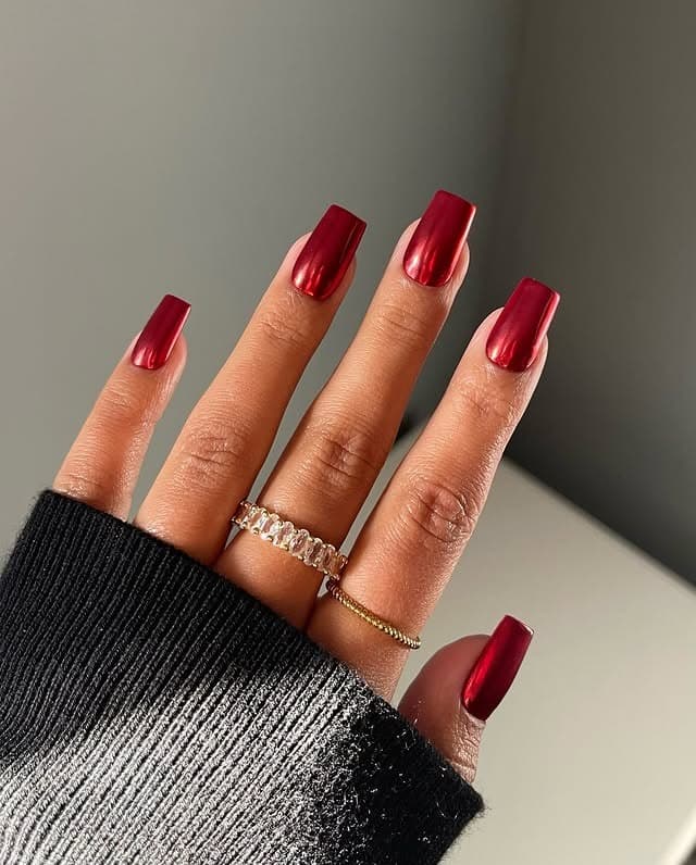 7. Sculpted Red Chrome Square Nails - red chrome nail ideas