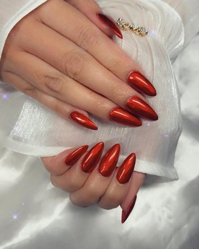 8. Deep Red Chrome Almond Perfection - red chrome nail ideas