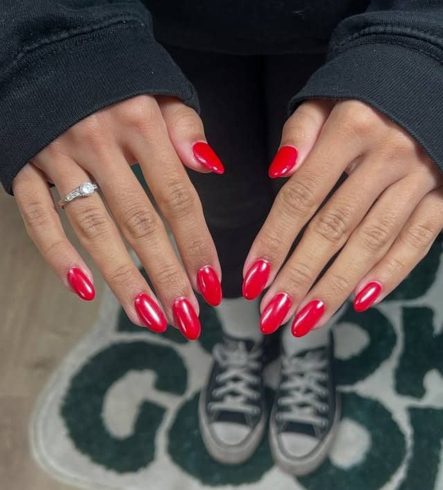 14. Bright Red Chrome Almond Nails - red chrome nail ideas