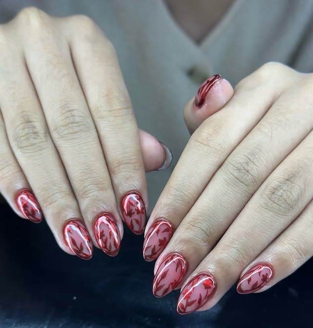 15. Abstract Red Chrome Almond Art - red chrome nail ideas